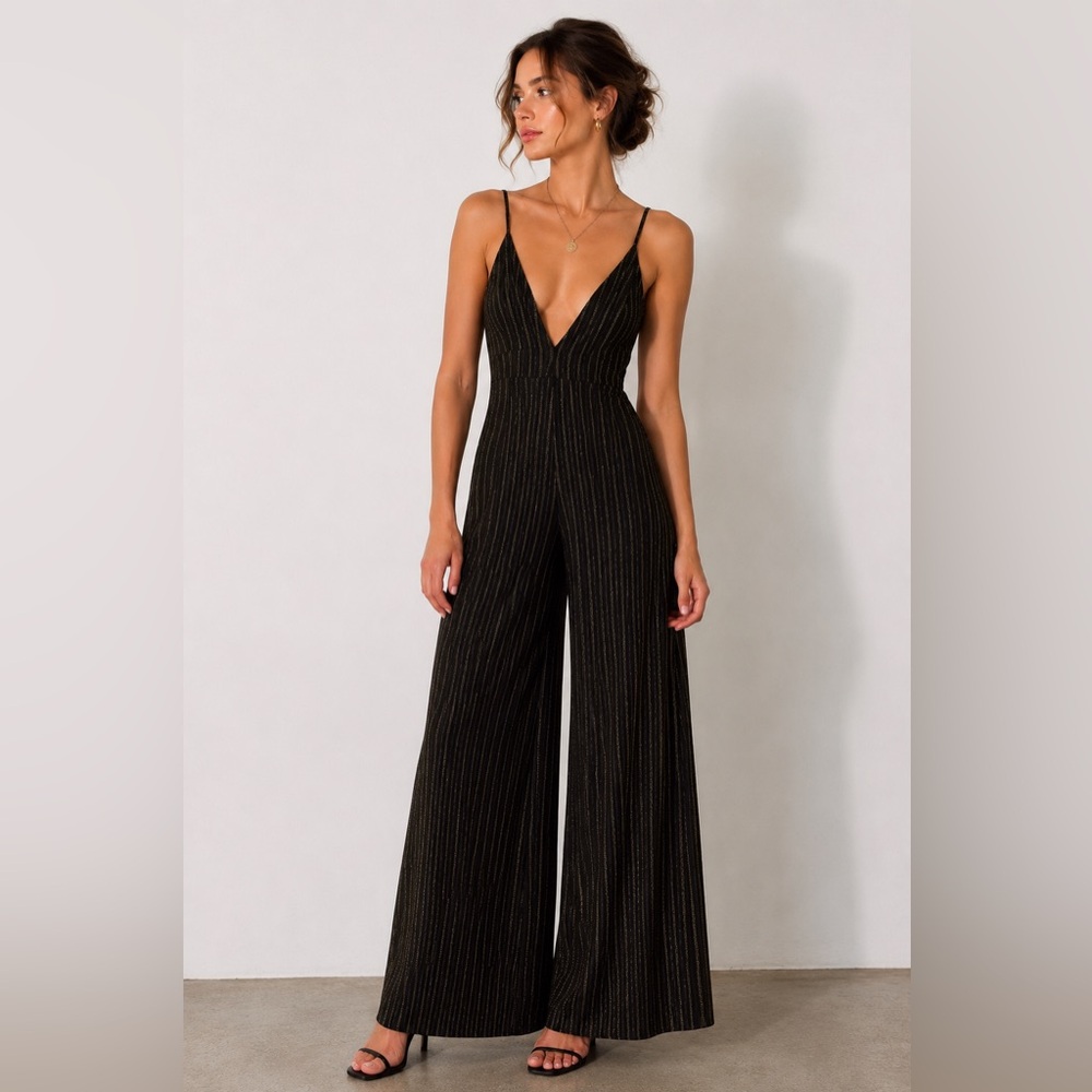 Boohoo Black and Gold Sparkly Deep V Jumpsuit